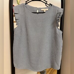 Monteau Los Angeles Blouse Womens Large Blue White Stripe Ruffle Sleeve